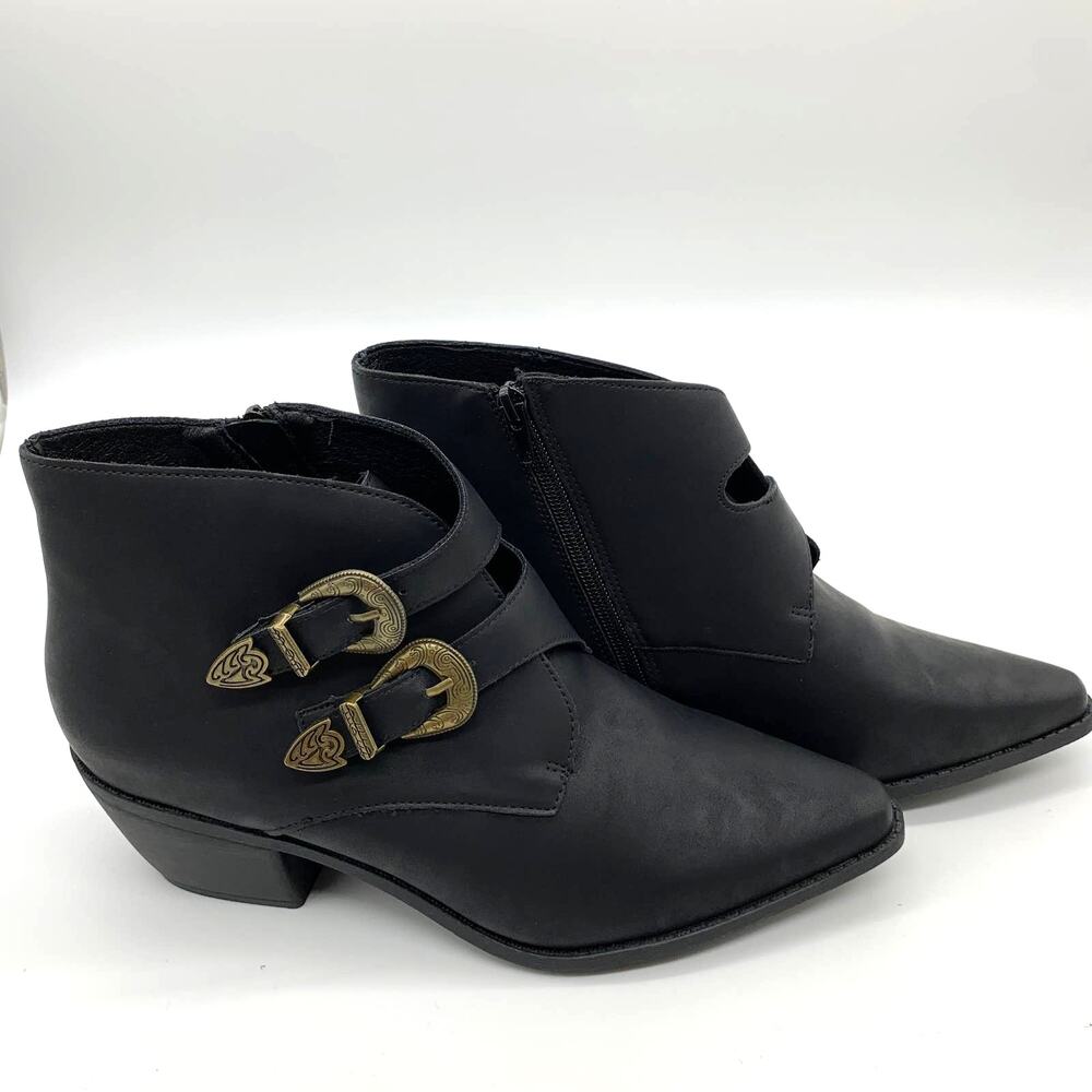 Black Ankle Bootie Women Size 10 Solid Faux leather Pointed Toe Heeled Buckle